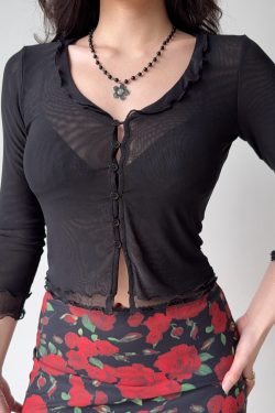 Women's Thin Mesh Cardigan - European & American Style, Three-Quarter Sleeve Summer Top for Y2K Fashion & Skirt Pairing