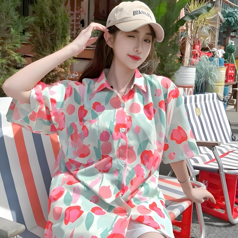 Women's Tie-Dye Short Sleeve Shirt - Loose Fit Trendy Summer Beach Blouse with Fresh Print Women's Tie-Dye Short Sleeve Shirt - Loose Fit Trendy Summer Beach Blouse with Fresh Print