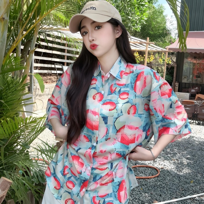 Women's Tie-Dye Short Sleeve Shirt - Loose Fit Trendy Summer Beach Blouse with Fresh Print Women's Tie-Dye Short Sleeve Shirt - Loose Fit Trendy Summer Beach Blouse with Fresh Print