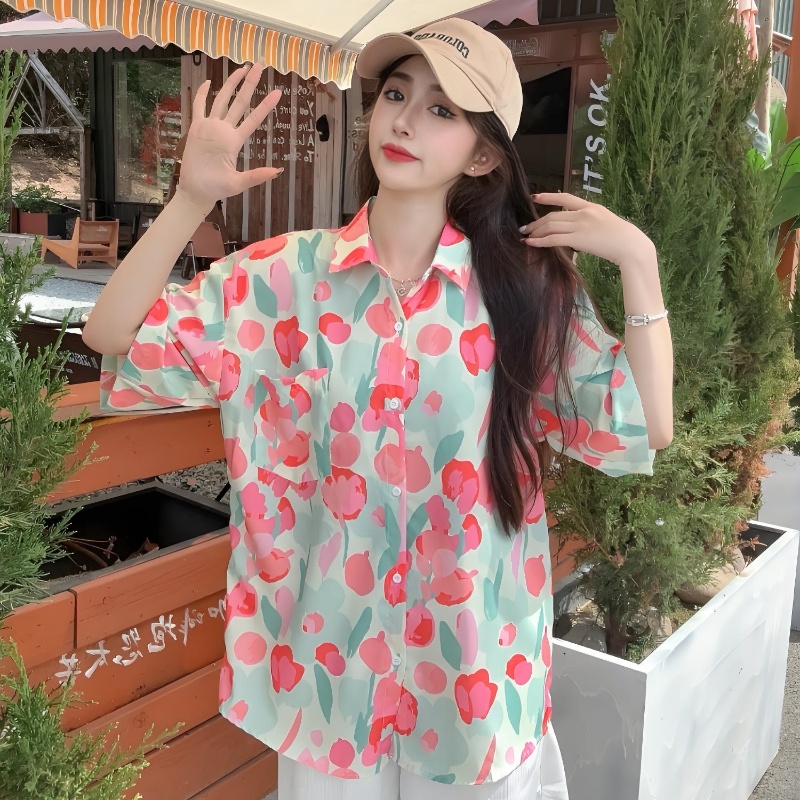 Women's Tie-Dye Short Sleeve Shirt - Loose Fit Trendy Summer Beach Blouse with Fresh Print Women's Tie-Dye Short Sleeve Shirt - Loose Fit Trendy Summer Beach Blouse with Fresh Print