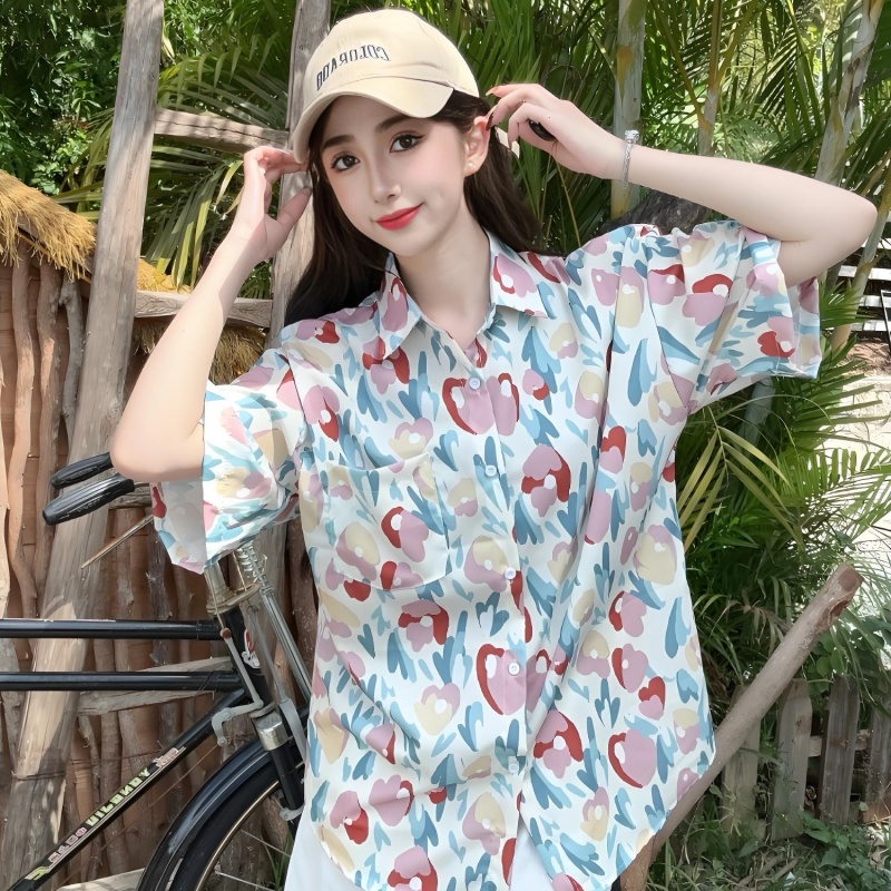 Women's Tie-Dye Short Sleeve Shirt - Loose Fit Trendy Summer Beach Blouse with Fresh Print Women's Tie-Dye Short Sleeve Shirt - Loose Fit Trendy Summer Beach Blouse with Fresh Print
