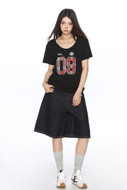 Women's V-Neck American Letter Embroidery Short Sleeve T-Shirt - Summer Loose Fit Casual Slimming Top in Y2K Style