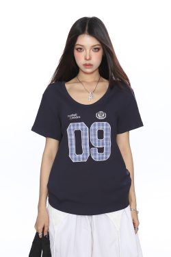 Women's V-Neck American Letter Embroidery Short Sleeve T-Shirt - Summer Loose Fit Casual Slimming Top in Y2K Style