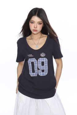 Women's V-Neck American Letter Embroidery Short Sleeve T-Shirt - Summer Loose Fit Casual Slimming Top in Y2K Style