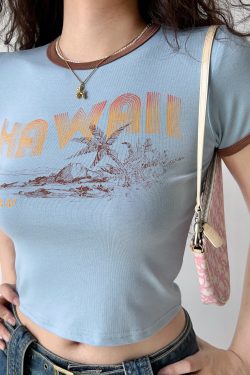 Women's Vintage Color Block Printed Slim Fit Round Neck Short Sleeve Crop Top - Trendy 90s Inspired T-Shirt