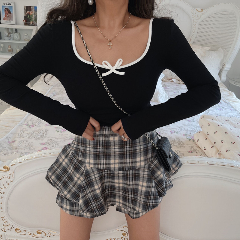 Women's Vintage-Inspired Big Round Neck Bow T-shirt - Spring Summer Sexy Tight Fit Top Women's Vintage-Inspired Big Round Neck Bow T-shirt - Spring Summer Sexy Tight Fit Top