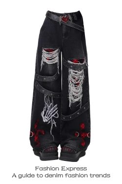 Women's Wide-Leg Ripped Jeans, Punk Retro Distressed Denim, 2025 Spring Autumn Fashion, Unique Niche Style