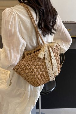 Woven Country-Style Beach Bag for Women, Autumn 2025 Drawstring Bucket Tote, Boho Chic Vegetable Basket Bag