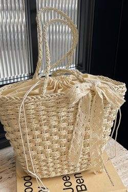 Woven Country-Style Beach Bag for Women, Autumn 2025 Drawstring Bucket Tote, Boho Chic Vegetable Basket Bag