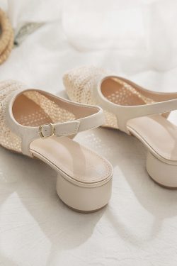 Woven Hollow Chunky Heel Evening Shoes - Sheepskin Closed-Toe Sandals for Women, Summer Fairy Style Flats Perfect with Skirts