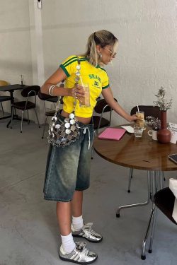 Y2K American Retro Football Sports Short Sleeve Crop Top for Women - Summer Slim Fit Shoulder-Baring Shirt