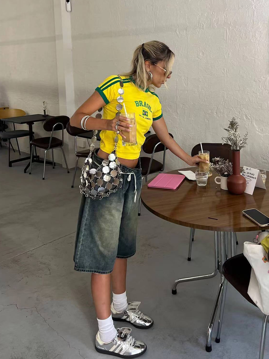 Y2K American Retro Football Sports Short Sleeve Crop Top for Women - Summer Slim Fit Shoulder-Baring Shirt Y2K American Retro Football Sports Short Sleeve Crop Top for Women - Summer Slim Fit Shoulder-Baring Shirt