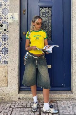 Y2K American Retro Football Sports Short Sleeve Crop Top for Women - Summer Slim Fit Shoulder-Baring Shirt