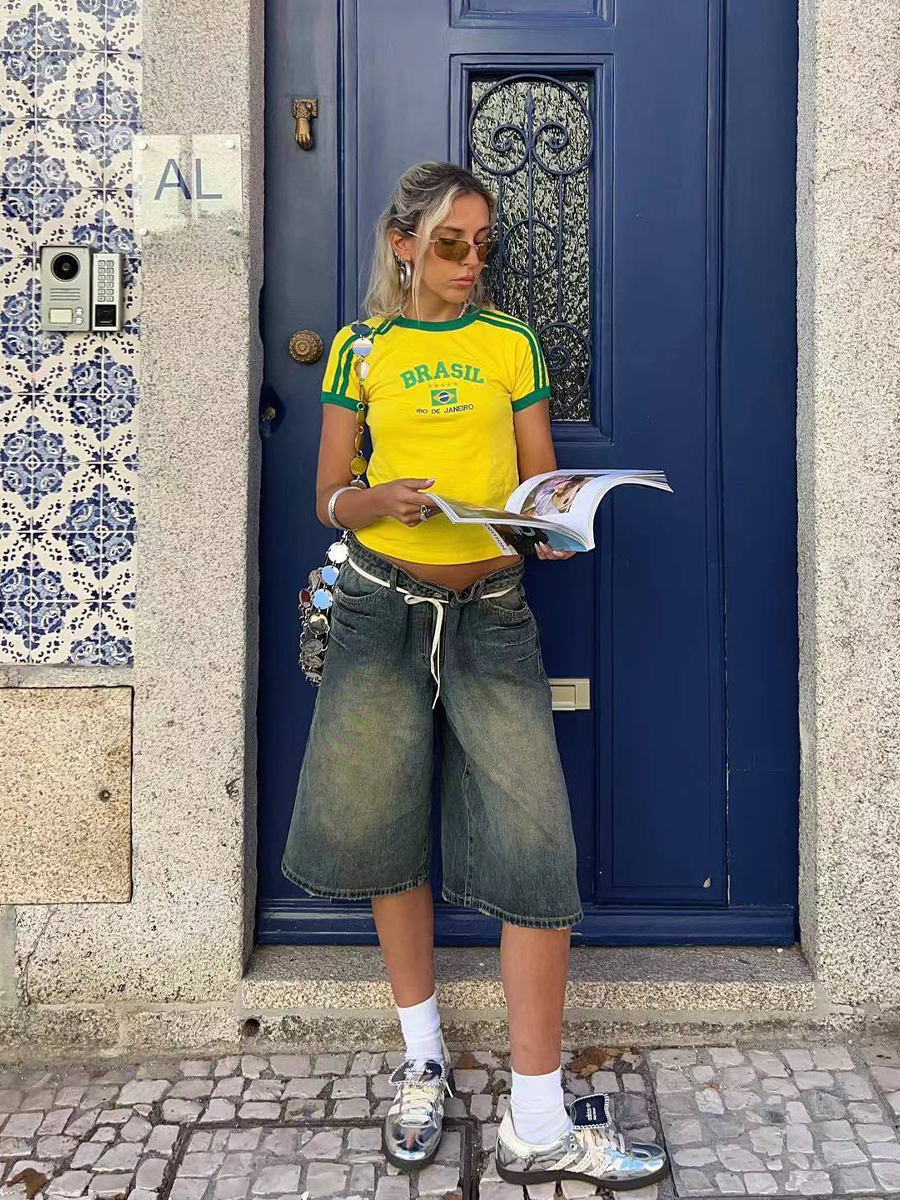 Y2K American Retro Football Sports Short Sleeve Crop Top for Women - Summer Slim Fit Shoulder-Baring Shirt Y2K American Retro Football Sports Short Sleeve Crop Top for Women - Summer Slim Fit Shoulder-Baring Shirt