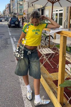 Y2K American Retro Football Sports Short Sleeve Crop Top for Women - Summer Slim Fit Shoulder-Baring Shirt