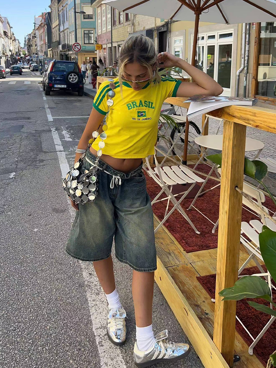 Y2K American Retro Football Sports Short Sleeve Crop Top for Women - Summer Slim Fit Shoulder-Baring Shirt Y2K American Retro Football Sports Short Sleeve Crop Top for Women - Summer Slim Fit Shoulder-Baring Shirt