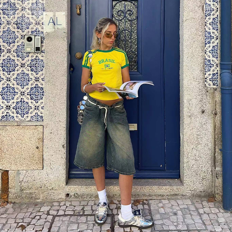 Y2K American Retro Football Sports Short Sleeve Crop Top for Women - Summer Slim Fit Shoulder-Baring Shirt Y2K American Retro Football Sports Short Sleeve Crop Top for Women - Summer Slim Fit Shoulder-Baring Shirt