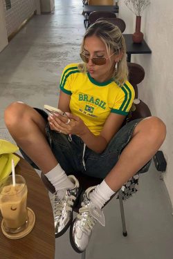 Y2K American Retro Football Sports Short Sleeve Crop Top for Women - Summer Slim Fit Shoulder-Baring Shirt