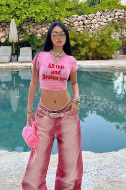 Y2K American Retro Pink Letter Crop Short Sleeve T-Shirt for Women, Slim Fit Shoulder-Baring Trendy Top