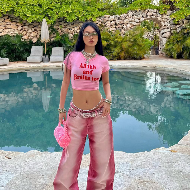 Y2K American Retro Pink Letter Crop Short Sleeve T-Shirt for Women, Slim Fit Shoulder-Baring Trendy Top Y2K American Retro Pink Letter Crop Short Sleeve T-Shirt for Women, Slim Fit Shoulder-Baring Trendy Top