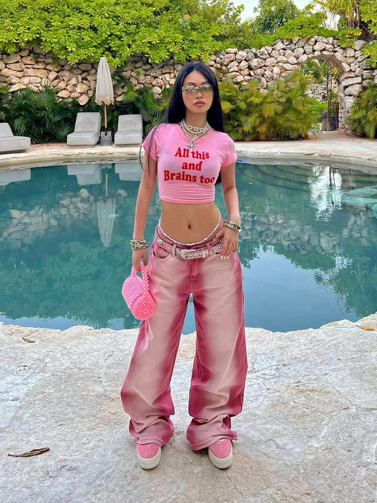 Y2K American Retro Pink Letter Crop Short Sleeve T-Shirt for Women, Slim Fit Shoulder-Baring Trendy Top Y2K American Retro Pink Letter Crop Short Sleeve T-Shirt for Women, Slim Fit Shoulder-Baring Trendy Top