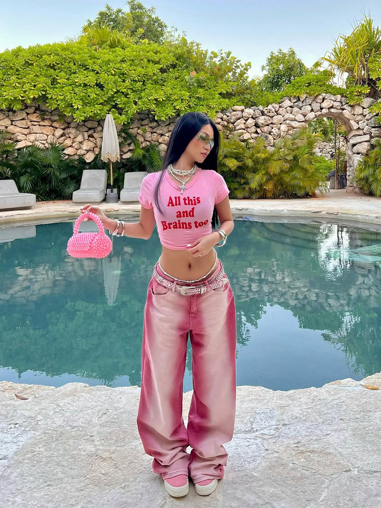 Y2K American Retro Pink Letter Crop Short Sleeve T-Shirt for Women, Slim Fit Shoulder-Baring Trendy Top Y2K American Retro Pink Letter Crop Short Sleeve T-Shirt for Women, Slim Fit Shoulder-Baring Trendy Top