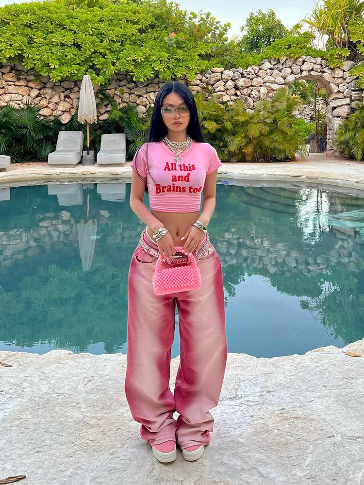 Y2K American Retro Pink Letter Crop Short Sleeve T-Shirt for Women, Slim Fit Shoulder-Baring Trendy Top Y2K American Retro Pink Letter Crop Short Sleeve T-Shirt for Women, Slim Fit Shoulder-Baring Trendy Top