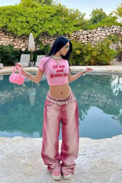 Y2K American Retro Pink Letter Crop Short Sleeve T-Shirt for Women, Slim Fit Shoulder-Baring Trendy Top