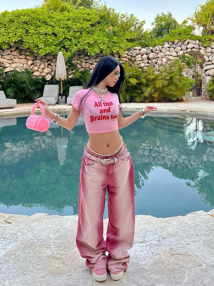 Y2K American Retro Pink Letter Crop Short Sleeve T-Shirt for Women, Slim Fit Shoulder-Baring Trendy Top Y2K American Retro Pink Letter Crop Short Sleeve T-Shirt for Women, Slim Fit Shoulder-Baring Trendy Top