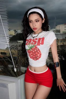 Y2K American Retro Raspberry Short Sleeve Crop Top for Women - Slim Fit Shoulder-Baring Summer Style