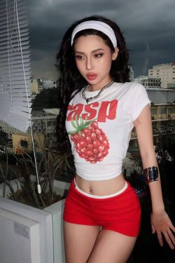 Y2K American Retro Raspberry Short Sleeve Crop Top for Women - Slim Fit Shoulder-Baring Summer Style