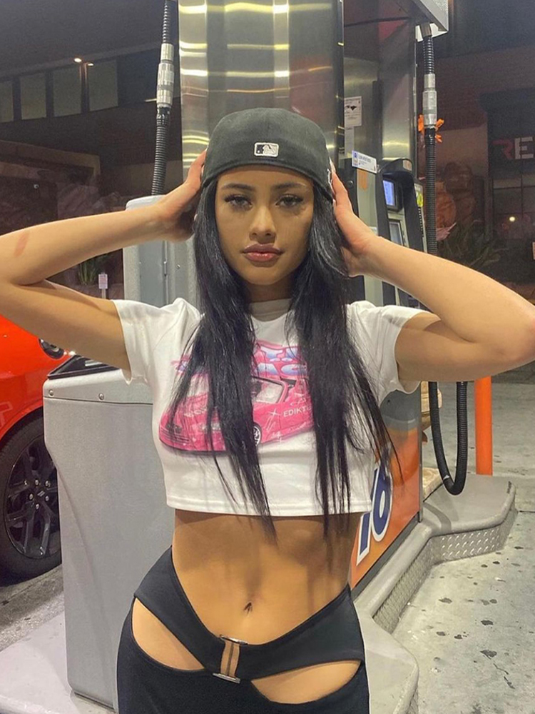 Y2K American Retro Shoulder Short Sleeve Crop Top for Women - Sweet and Spicy Millennial Style T-Shirt Y2K American Retro Shoulder Short Sleeve Crop Top for Women - Sweet and Spicy Millennial Style T-Shirt