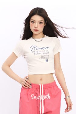 Y2K American Style Shoulder Crop Top for Women - Slim Fit, Short Sleeves, Waist Exposure, Summer Letter Design