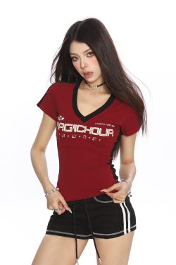 Y2K Cropped Slim-Fit Striped V-Neck Short Sleeve T-Shirt for Women - American Style Summer Jersey Top