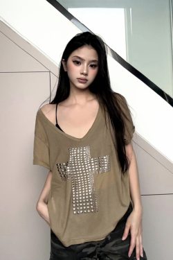 Y2K Cross Copper Foil V-Neck Short Sleeve T-Shirt for Women - Casual Loose Slimming Versatile Trendy Top
