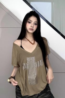 Y2K Cross Copper Foil V-Neck Short Sleeve T-Shirt for Women - Casual Loose Slimming Versatile Trendy Top