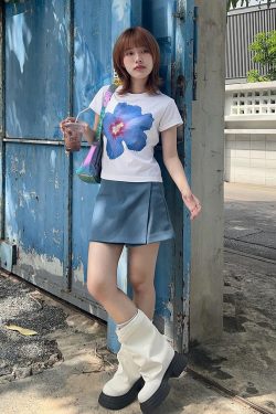 Y2K Floral Off-Shoulder Short Sleeve Crop Top for Women - Slim Fit American Retro Style Trendy Millennial Fashion