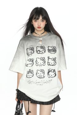 Y2K Gradient Hello Kitty Short Sleeve T-Shirt for Women - Summer Slim Fit Trendy Top