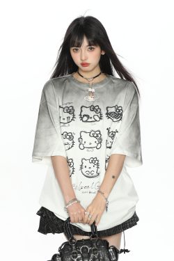 Y2K Gradient Hello Kitty Short Sleeve T-Shirt for Women - Summer Slim Fit Trendy Top