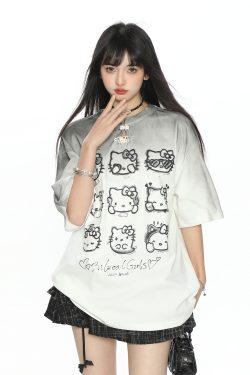 Y2K Gradient Hello Kitty Short Sleeve T-Shirt for Women - Summer Slim Fit Trendy Top