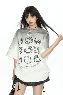 Y2K Gradient Hello Kitty Short Sleeve T-Shirt for Women - Summer Slim Fit Trendy Top