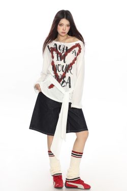 Y2K Heart Graffiti Tie-Shoulder Long Sleeve T-Shirt for Women, Summer Thin Cover-Up, Casual Trendy Style