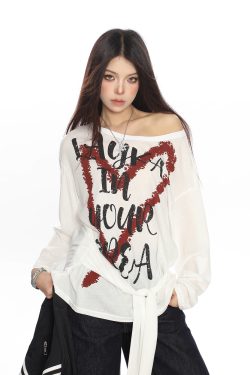Y2K Heart Graffiti Tie-Shoulder Long Sleeve T-Shirt for Women, Summer Thin Cover-Up, Casual Trendy Style