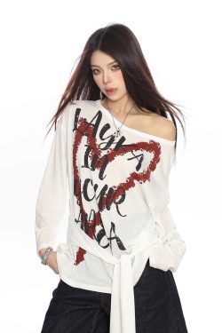 Y2K Heart Graffiti Tie-Shoulder Long Sleeve T-Shirt for Women, Summer Thin Cover-Up, Casual Trendy Style