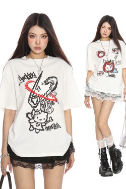 Y2K Hello Kitty Graffiti Print Short Sleeve T-Shirt for Women - Sweet Cool Casual Slim Fit Summer Top