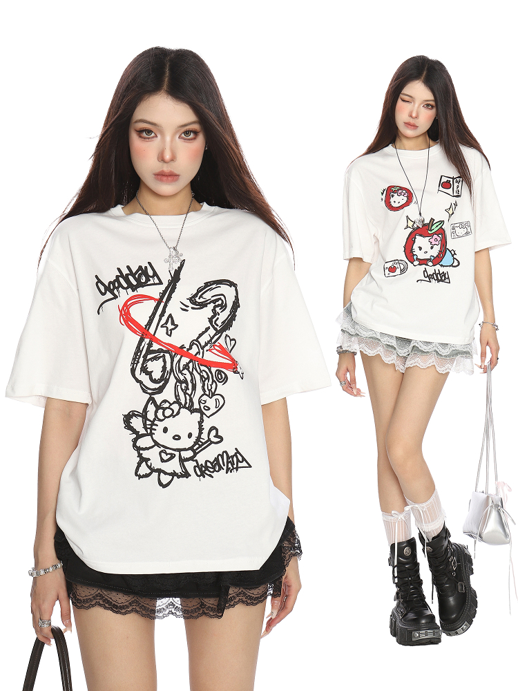 Y2K Hello Kitty Graffiti Print Short Sleeve T-Shirt for Women - Sweet Cool Casual Slim Fit Summer Top Y2K Hello Kitty Graffiti Print Short Sleeve T-Shirt for Women - Sweet Cool Casual Slim Fit Summer Top