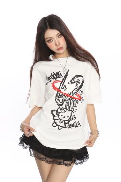 Y2K Hello Kitty Graffiti Print Short Sleeve T-Shirt for Women - Sweet Cool Casual Slim Fit Summer Top