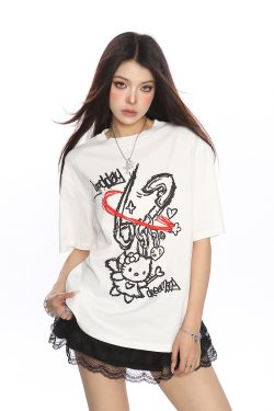 Y2K Hello Kitty Graffiti Print Short Sleeve T-Shirt for Women - Sweet Cool Casual Slim Fit Summer Top