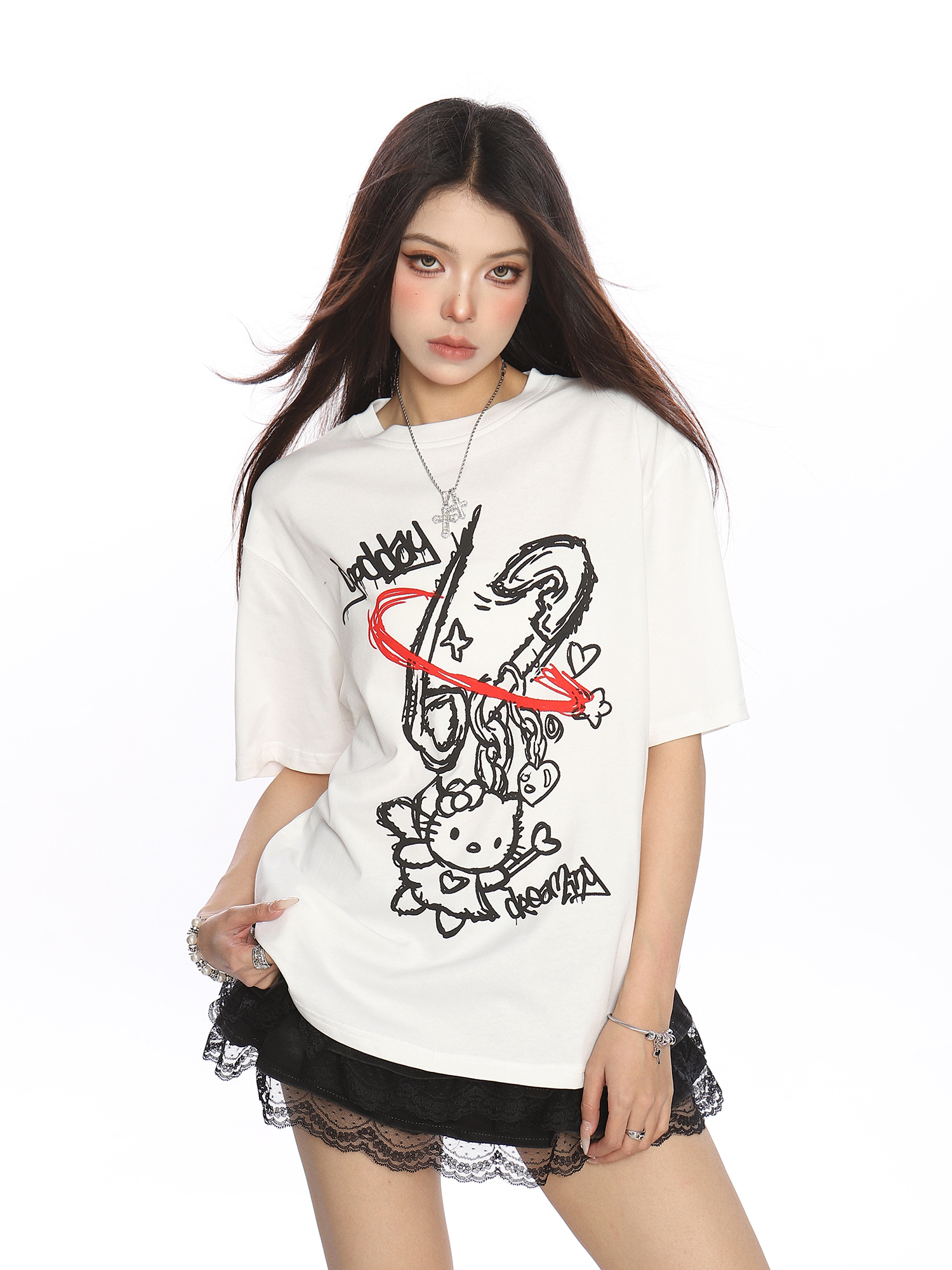 Y2K Hello Kitty Graffiti Print Short Sleeve T-Shirt for Women - Sweet Cool Casual Slim Fit Summer Top Y2K Hello Kitty Graffiti Print Short Sleeve T-Shirt for Women - Sweet Cool Casual Slim Fit Summer Top