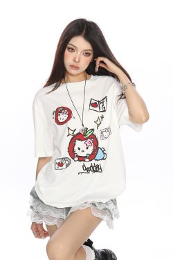 Y2K Hello Kitty Graffiti Print Short Sleeve T-Shirt for Women - Sweet Cool Casual Slim Fit Summer Top